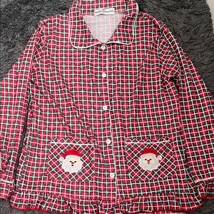 Girls Festive Plaid Pajamas with ruffle trim and Santa pockets